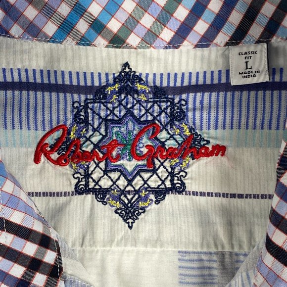 Robert Graham Shirt Mens L Blue White Stripe Contrast Trim Flip Cuff Button Up - Picture 4 of 14